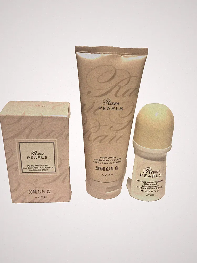 Avon RARE PEARLS Perfume Spray 1.7 fl. oz. Body Lotion 6.7 fl. oz. & Roll-on