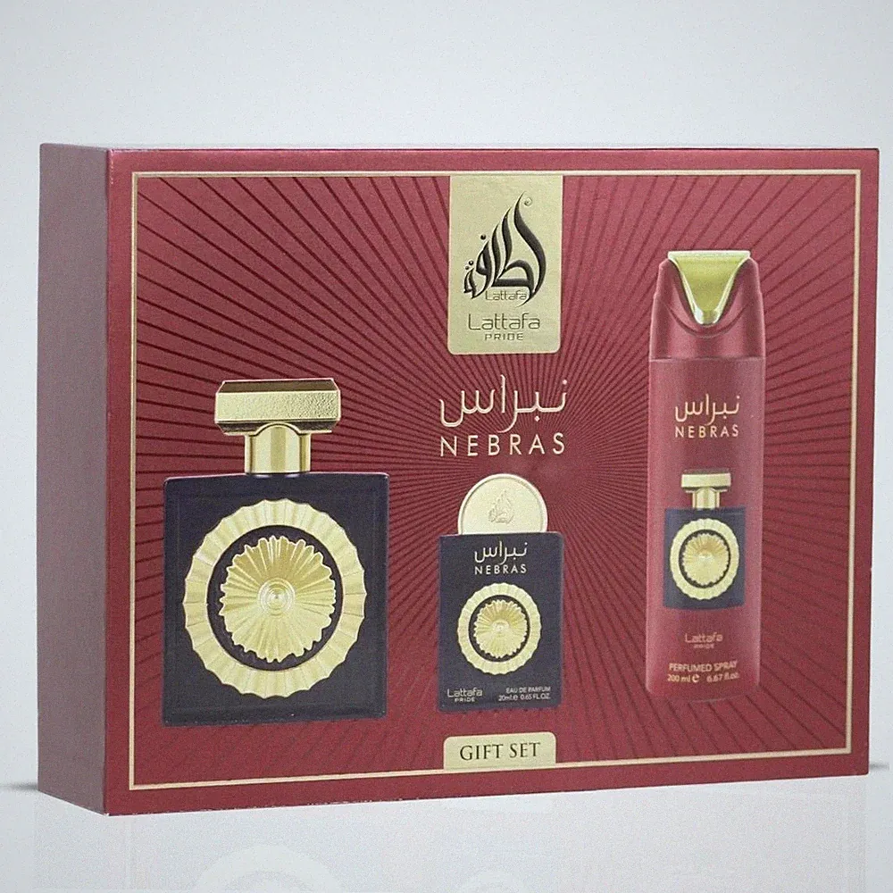 Lattafa Nebras 4pc Set 3.4oz EDP Spray + .65oz Travel Mini + 6.7oz Body Spray